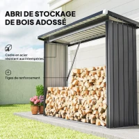 Outsunny Abri-bûches couvert support pour bois de chauffage plancher surélevé toit incliné, acier galvanisé 213x66,5x150cm gris(m-4)
