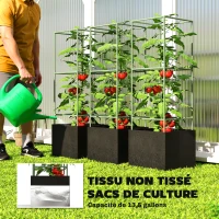 Outsunny Lot de 3 cages à tomates carrées avec sacs de culture de 51,2 L, treillis pour fleurs, légumes, plantes grimpantes, vert(m-5)