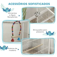 PawHut Gaiola para Pássaros com Rodas Poleiros Baloiço Bandeja Removível e Tigelas de Aço Inoxidável 48x46x78 cm Branco(m-5)