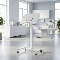 HOMCOM Höhenverstellbarer Stehschreibtisch, Rollbarer Schreibtisch mit neigbarer Tischplatte, Sicherheitsstopper, Rollen, Weiß(m-8)