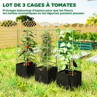 Outsunny Lot de 3 cages à tomates carrées avec sacs de culture de 51,2 L, treillis pour fleurs, légumes, plantes grimpantes, vert(m-4)