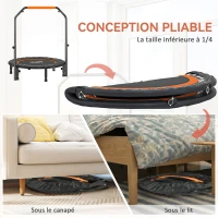 HOMCOM Trampoline de fitness gymnastique avec poignée réglable, pliable, 6 pieds, 28 ressorts Ø 102 cm, noir orange(m-5)