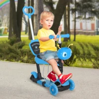 HOMCOM 5 en 1 Trottinette pour Enfants Trottinette 3 Roues évolutive Hauteur Guidon réglable charge max. 60 Kg Canne télescopique Selle Dossier Amovible Bleu(m-10)