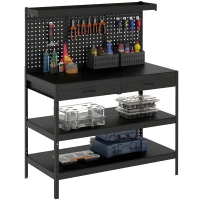 HOMCOM Banc de lucru cu rafturi reglabile, stație de lucru robustă cu panou perforat și 2 sertare, 122 x 61 x 156 cm, Negru(m-7)