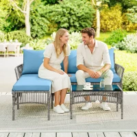 Outsunny Conjunto de Jardim Exterior de Vime com Sofá de 2 Lugares Chaise Longue e Mesa de Centro com Vidro Temperado Azul Claro(m-9)