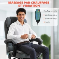 Vinsetto Fauteuil de bureau massant et chauffant, chaise de bureau, hauteur réglable, dossier inclinable, 65x70x111-119cm, gris(m-4)
