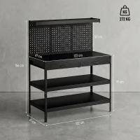 HOMCOM Banco de trabajo con estantes ajustables, estación de trabajo robusta con panel perforado y 2 cajones, 122 x 61 x 156 cm, Negro(m-3)