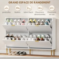 HOMCOM Meuble à chaussures 20 paires avec 4 tiroirs rabattables, portes cannelées et étagères réglables, 105x24x91,5cm, blanc(m-5)