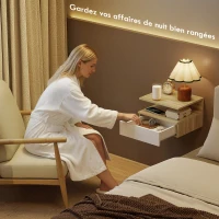 HOMCOM Lot de 2 tables de chevet murales, tables de nuit suspendues avec tiroir, étagère ouverte, 35x32x22,5cm, blanc et chêne(m-4)