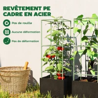 Outsunny Lot de 3 cages à tomates carrées avec sacs de culture de 51,2 L, treillis pour fleurs, légumes, plantes grimpantes, vert(m-7)