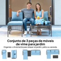 Outsunny Conjunto de Jardim Exterior de Vime com Sofá de 2 Lugares Chaise Longue e Mesa de Centro com Vidro Temperado Azul Claro(m-4)