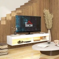 HOMCOM Meuble TV suspendu mural avec éclairage LED pour téléviseurs jusqu'à 75 pouces, étagères, 180L x 40l x 30H cm, blanc(m-10)