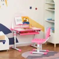 HOMCOM Ensemble chaise et bureau pour enfants avec lampe LED hauteur réglable plateau incliné support de lecture rose(m-10)