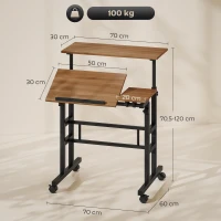 HOMCOM Bureau assis debout bureau réglable en hauteur 70 x 60 cm à roulettes avec plateau inclinable cadre en métal marron(m-3)