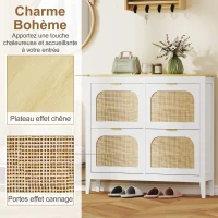HOMCOM Meuble à chaussures 20 paires bohème avec 4 tiroirs rabattables, portes effet cannage rotin, 105 x 24 x 95,5 cm, blanc(m-4)