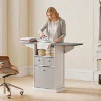 HOMCOM Meuble table à repasser pliable sur roulettes avec étagère ouverte et 3 tiroirs, 121x37x89.5 cm, Blanc et Gris(m-4)