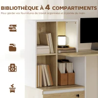 HOMCOM Bureau d'ordinateur avec bibliothèque 4 compartiments et tiroir verrouillable, 126 x 50 x 109 cm, chêne et blanc(m-4)
