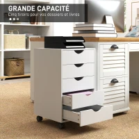 HOMCOM Caisson bureau mobile, meuble rangement sur roulettes avec 5 tiroirs, bois, 40 x 40 x 67 cm, blanc(m-4)