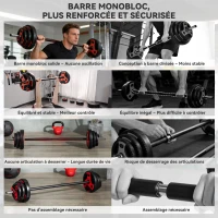 SPORTNOW Ensemble d'haltère 20 kg kit barre de musculation avec poignée antidérapante, poids réglable, Ø 27 x 140 cm noir(m-5)