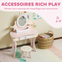 AIYAPLAY Coiffeuse enfant fille table de maquillage 2 en 1 avec 7 accessoires de jeu miroir en acrylique 59,8x29,6x89,8cm rose(m-5)