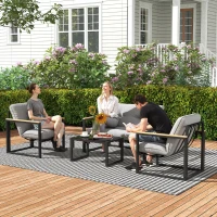 Outsunny Salon de jardin extérieur 4 personnes avec canapé, 2 fauteuils et table basse en verre trempé, coussins inclus, gris(m-11)