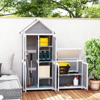 Outsunny Abri de jardin et armoire de rangement en bois avec toit incliné en asphalte, étagères et portes verrouillables, gris(m-10)