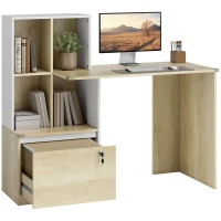 HOMCOM Bureau d'ordinateur avec bibliothèque 4 compartiments et tiroir verrouillable, 126 x 50 x 109 cm, chêne et blanc(m-1)