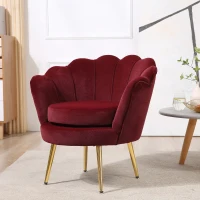 HOMCOM Fauteuil salon fauteuil en velours fauteuil coquillage avec pieds en métal doré pour chambre à coucher, rouge(m-10)