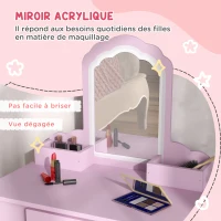 ZONEKIZ Coiffeuse pour enfant avec tabouret et miroir, table de maquillage avec tiroir et 2 compartiments, 55x36x86cm, rose(m-6)