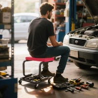 HOMCOM Tabouret de mécanicien tabouret d'atelier mobile charge 135 kg plateau outils roulettes inclus 36,5 x 33,5 x 35 cm rouge(m-10)