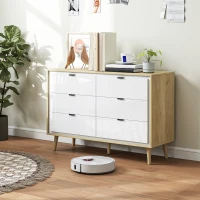HOMCOM Commode 6 tiroirs, meuble de rangement à haute brillance, 5 pieds en bois, 110 x 40 x 75 cm, blanc et chêne(m-8)