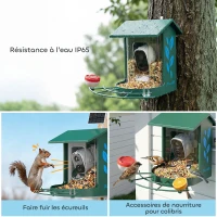 PawHut Mangeoire oiseaux avec caméra intelligente 2K coque acier anti-écureuil panneau solaire 30 x 34,5 x 26,3 cm vert(m-7)