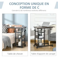 HOMCOM Table d'appoint Bout de canapé Table roulante Table de Lit pour Ordinateur Portable Hauteur réglable - 2 étagères intégrées - cadre métal Marron(m-4)