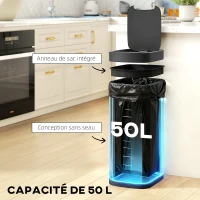 HOMCOM Poubelle de cuisine automatique 50L, poubelle à capteur de mouvement, fonctionne sur piles, 26,5x35,5x68cm, crème(m-5)