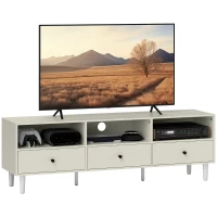 HOMCOM Meuble TV pour jusqu'à 75" avec 3 tiroirs, 3 étagères ouvertes et passe-câbles, 140 x 34 x 45 cm, crème(m-11)
