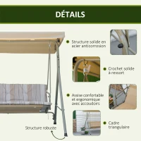 Outsunny Balancelle de Jardin 3 Places Grand Confort Toit Inclinaison réglable épais Coussins Amovibles Acier marron clair(m-6)