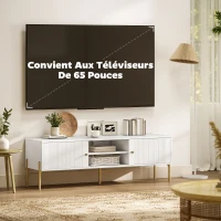 HOMCOM Meuble TV, meuble télé jusqu'à 65 pouces avec 2 portes, 2 compartiments ouverts, pieds en acier, 140x38x45,9cm, blanc(m-6)