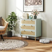 HOMCOM Commode design bohème en rotin avec 3 tiroirs, meuble de rangement pour le salon, le couloir, l'entrée, vert olive(m-10)