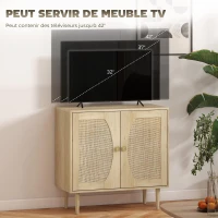 HOMCOM Buffet de cuisine meuble de rangement double portes avec 2 niveaux, façade en cannage 80 x 38 x 79 cm effet bois naturel(m-5)