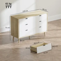 HOMCOM Commode 6 tiroirs, meuble de rangement à haute brillance, 5 pieds en bois, 110 x 40 x 75 cm, blanc et chêne(m-3)