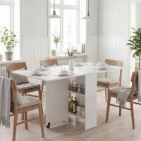 HOMCOM Mesa Plegable de Comedor con Ruedas Alas Abatibles y Estantes para 4-6 Personas 75x140x74 cm Blanco(m-2)