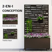 Outsunny Jardinière avec treillis, bac à fleurs en métal avec brise-vue et roues, treillis découpé en lattes, 90x30x160cm, noir(m-4)