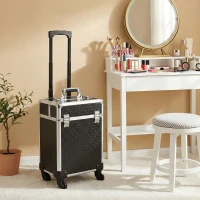 HOMCOM Maleta de Maquillaje Profesional con Ruedas Mango 2 Bandejas Compartimento Inferior Negro(m-7)