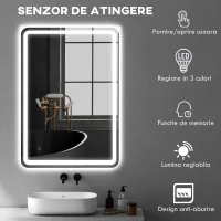 HOMCOM Oglindă de Baie Touch 70x100 cm cu LED 3 Tonuri de Lumină și Antiaburire(m-5)
