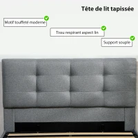 HOMCOM Lit coffre 140x190, cadre de lit double rembourré avec sommier à lattes en bois et rangement cach, sans matelas, gris(m-6)