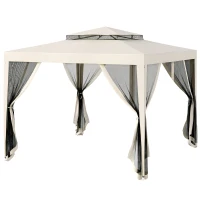 Outsunny Carpa de Jardín 3x3 m Cenador Gazebo con 4 Mosquiteras Laterales Techo Doble 8 Orificios de Drenaje Marco de Metal Crema(m-11)