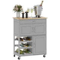 HOMCOM Modern Kitchen Trolley, Rolling Island Storage Cart with Drawer, 9-bottle Wine Rack, Door Cabinets, Wooden Countertop, Grey(m-10)