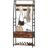HOMCOM Meuble d'entrée 6 en 1 portemanteau tringle à vêtements étagère 2 tiroirs 10 crochet 80 x 30 x 180 cm brun rustique