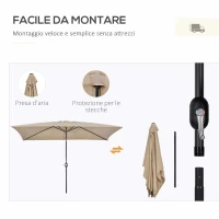 Outsunny Ombrellone Rettangolare 2x3 m Pieghevole e Regolabile con Manovella, in Alluminio e Poliestere, Cachi(m-7)