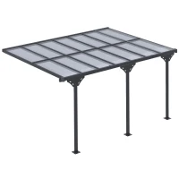 Outsunny Pergola adossée aluminium 4,5 x 3 m avec toit en polycarbonate résistant UV, gouttière intégrée, tonnelle de jardin pour terrasse patio véranda, gris(m-1)